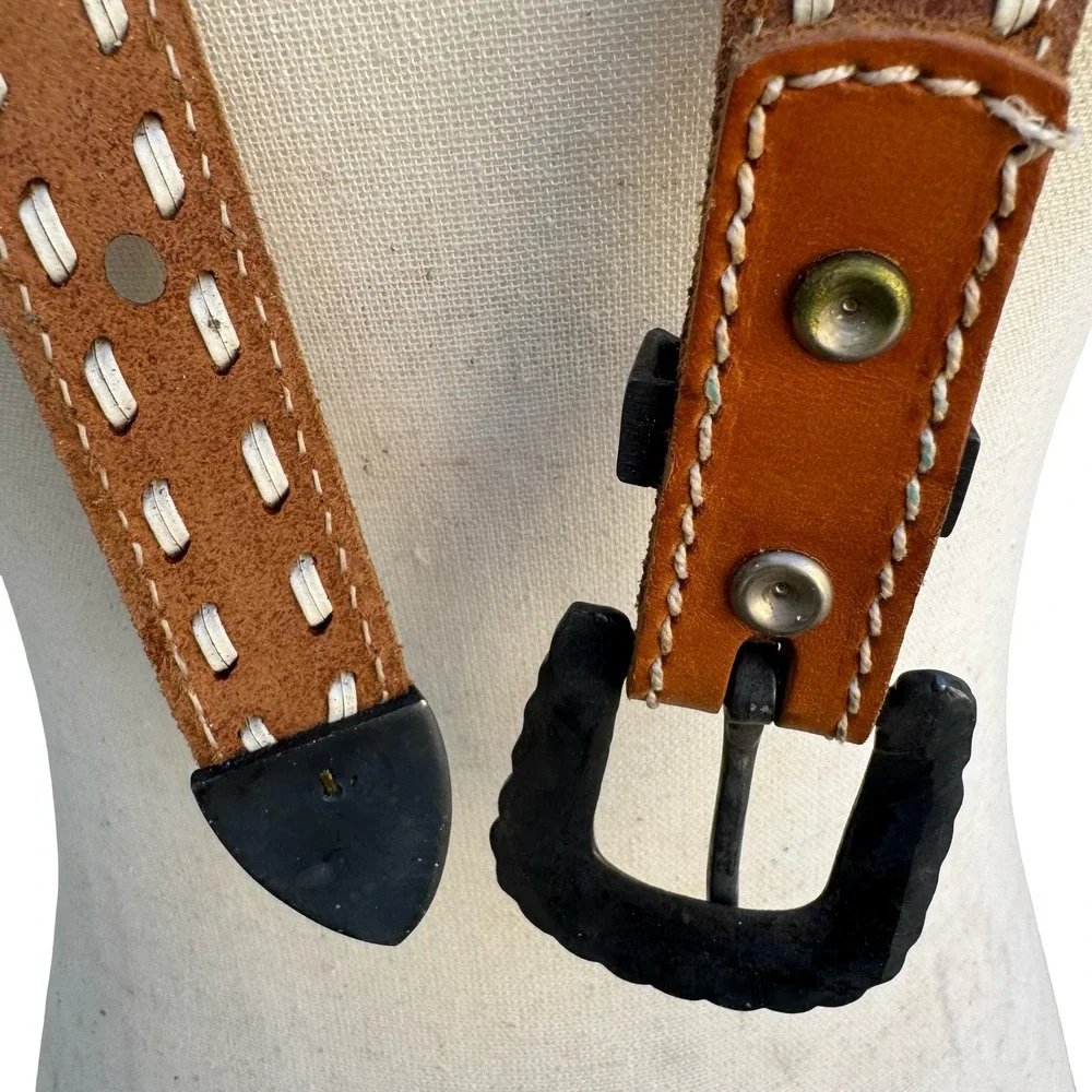 Gilles Herve Paris Tan Leather Whipstitch‎ Western Belt Made in France Size 80
